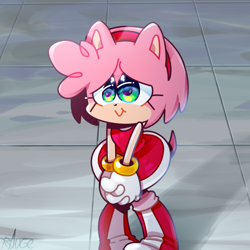 Size: 1024x1024 | Tagged: safe, artist:thegreatrouge, amy rose, 2021, abstract background, amybetes, cute, hands together, looking offscreen, redraw, signature, smile, solo, sonic x