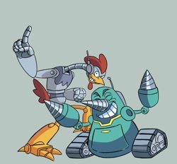 Size: 785x727 | Tagged: safe, artist:christiandrawsalot, grounder, scratch, adventures of sonic the hedgehog, 2023, badnik, clenched fist, clenched teeth, duo, eyes closed, grey background, looking at viewer, pointing, robot, simple background, smile