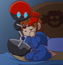 Size: 702x719 | Tagged: safe, artist:ange, artist:the-gitz, chris thorndyke, cubot, human, 2014, bed, comforting, crying, duo, eggman empire logo, eyes closed, gradient background, hugging, indoors, kneeling, nighttime, pillow, robot, sitting, tears, tears of fear