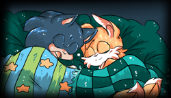 Size: 1400x800 | Tagged: safe, artist:dragnoodlez, miles "tails" prower, sonic the hedgehog, 2013, blanket, cute, duo, eyes closed, gradient background, lying down, lying on side, mouth open, pillow, sleeping, smile, sonabetes, tailabetes