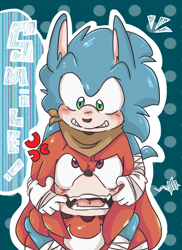 Size: 800x1100 | Tagged: safe, artist:dragnoodlez, knuckles the echidna, sonic the hedgehog, 2014, abstract background, blushing, clenched teeth, cross popping vein, duo, english text, forced smile, looking at each other, mouth open, open smile, outline, riding on shoulders, smile, smiling at them, sonic boom (tv), text