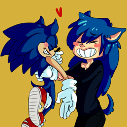 Size: 720x720 | Tagged: safe, artist:mitarashiboi, sonic the hedgehog, human, 2013, blushing, carrying them, clenched teeth, clothes, duo, ear fluff, eyes closed, heart, holding them, humanized, long hair, long-sleeved shirt, pants, partially humanized, picking them up, self paradox, simple background, smile, yellow background