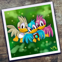 Size: 1920x1920 | Tagged: safe, artist:riotaiprower, flicky, sonic adventure, 2022, abstract background, brian, daisy, flying, lily, looking at viewer, mid-air, necklace, photograph, signature, smile, smiling at viewer, trio