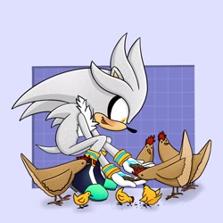 Size: 2048x2048 | Tagged: safe, artist:themaniacofhedgehogs, silver the hedgehog, 2022, abstract background, bending over, chick, chicken, crouching, cute, food, group, inktober, literal animal, mouth open, open smile, seed, smile, solo focus, wholesome