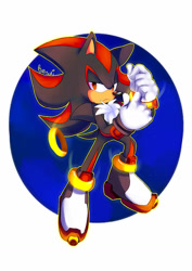 Size: 1024x1446 | Tagged: safe, artist:pyonsukis, shadow the hedgehog, 2015, abstract background, frown, lidded eyes, looking at viewer, outline, removing limiter ring, signature, solo