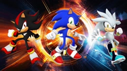 Size: 1920x1080 | Tagged: safe, artist:nibroc-rock, artist:soniclover82, shadow the hedgehog, silver the hedgehog, sonic the hedgehog, 3d, trio, wallpaper