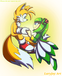Size: 1128x1373 | Tagged: safe, artist:laryjoy, cosmo the seedrian, miles "tails" prower, 2025, duo, gradient background, holding hands, mid-air, side view, signature, smile, smiling at each other, sonic x