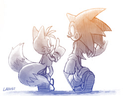 Size: 800x621 | Tagged: safe, artist:ladygt, miles "tails" prower, sonic the hedgehog, 2016, back view, duo, from behind, looking at each other, monochrome, mouth open, open smile, pointing, shadow (lighting), signature, simple background, sketch, smile, smiling at each other, talking, walking, white background