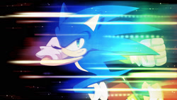 Size: 1688x950 | Tagged: safe, artist:ladygt, sonic the hedgehog, 2011, black background, clenched fists, looking at viewer, rainbow, running, simple background, smile, smiling at viewer, solo, that hedgehog sure is fast