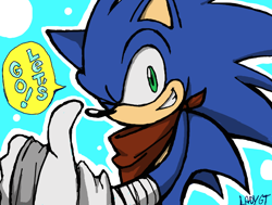 Size: 800x604 | Tagged: safe, artist:ladygt, sonic the hedgehog, 2014, blue background, clenched teeth, dialogue, english text, looking at viewer, outline, signature, simple background, smile, smiling at viewer, solo, sonic boom (tv), speech bubble, standing, text, thumbs up, wink, winking at viewer