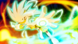 Size: 1000x563 | Tagged: safe, artist:ladygt, silver the hedgehog, sonic the hedgehog (2006), 2012, abstract background, flying, frown, glowing, looking at viewer, mid-air, outdoors, psychokinesis, solo