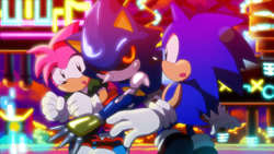 Size: 1000x563 | Tagged: safe, artist:ladygt, amy rose, metal sonic, sonic the hedgehog, sonic cd, 2012, :o, abstract background, black sclera, classic amy, classic sonic, collision chaos zone, glowing eyes, looking at each other, looking at them, mouth open, outdoors, robot, trio