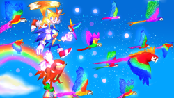 Size: 1600x900 | Tagged: safe, artist:ladygt, artist:pijugo, knuckles the echidna, miles "tails" prower, sonic the hedgehog, bird, sonic heroes, 2011, abstract background, carrying them, daytime, flying, group, holding hands, holding them, literal animal, looking offscreen, macaw, mid-air, mouth open, open smile, outdoors, parrot, pointing, rainbow, smile, sparkles, spinning tails, team sonic, trio focus