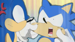 Size: 400x225 | Tagged: safe, artist:ladygt, sonic the hedgehog, 2011, angry, animated, anime, cheek pinch, cheek pull, classic sonic, cross popping vein, duo, faic, gif, infinite loop, looking at each other, no sound, self paradox, sharp teeth, shrunken pupils, sonic generations, style emulation, talking
