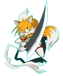 Size: 800x970 | Tagged: safe, artist:ladygt, miles "tails" prower, 2011, blade, bleach (anime), crossover, from above, frown, holding something, looking up, outline, solo, standing, weapon, zangetsu