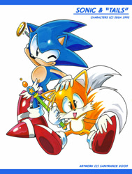 Size: 600x795 | Tagged: safe, artist:sanitrance, miles "tails" prower, sonic the hedgehog, 2009, character name, classic sonic, classic tails, cute, duo, hand on another's head, holding something, looking at viewer, mouth open, open smile, ring, simple background, sitting, smile, smiling at viewer, staff, standing, white background, wink