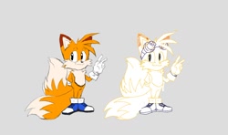 Size: 1200x712 | Tagged: safe, artist:sonicalter, miles "tails" prower, 2023, blue background, brown tipped ears, duality, ear fluff, flat colors, fur markings, goggles, grey background, hand behind back, simple background, sketch, smile, v sign