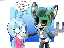 Size: 4000x3000 | Tagged: safe, artist:fartist2020, cassia the pronghorn, jewel the beetle, arm around shoulders, black sclera, duo, text, thought bubble
