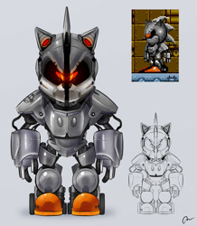 Size: 1024x1174 | Tagged: safe, artist:greenguy-da, robo sonic, 2017, black sclera, glowing eyes, grey background, looking at viewer, redesign, reference inset, robot, signature, simple background, solo