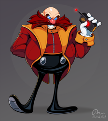 Size: 1068x1192 | Tagged: safe, artist:greenguy-da, robotnik, human, 2021, clenched teeth, clothes, gradient background, hand behind back, holding something, redesign, redraw, remote controller, signature, smile, smiling at viewer, solo, standing