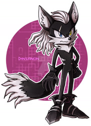 Size: 1024x1416 | Tagged: safe, artist:dinsanon, infinite the jackal, 2018, abstract background, chest fluff, deviantart watermark, ear fluff, frown, hand on hip, heterochromia, looking offscreen, neck fluff, obtrusive watermark, outline, signature, solo, standing, watermark