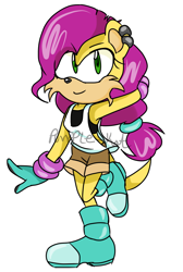 Size: 682x1014 | Tagged: safe, artist:pumpkinhillpie, mina mongoose, mongoose, 2017, eyebrow clipping through hair, hand behind head, obtrusive watermark, signature, simple background, smile, solo, standing, standing on one leg, watermark, white background