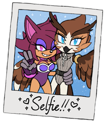 Size: 1001x1175 | Tagged: safe, artist:proboom, oc, oc:connie the hedgehog, oc:myrtle the bird, hedgehog, owl, 2023, connie x myrtle, duo, english text, holding each other, lesbian, oc x oc, photograph, selfie, shipping, side hug, smile, smiling at viewer, sparkles, standing, text, wink, winking at viewer