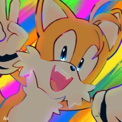 Size: 2331x2331 | Tagged: safe, artist:neonangelcake, miles "tails" prower, fox, 2023, abstract background, arms out, looking at viewer, mouth open, open smile, smile, smiling at viewer, solo, v sign