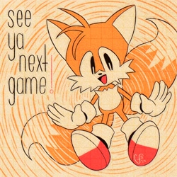 Size: 2048x2048 | Tagged: safe, artist:sugarbee908, miles "tails" prower, 2025, dialogue, english text, flying, mid-air, mouth open, open smile, smile, smiling at viewer, solo, spinning tails, talking, talking to viewer, text