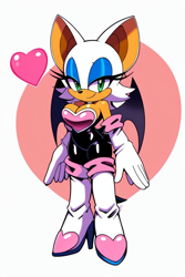 Size: 512x768 | Tagged: safe, ai art, rouge the bat, 2023, abstract background, cleavage, heart, prompter:haz5, smile, smiling at viewer, solo