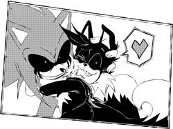 Size: 1280x955 | Tagged: safe, artist:tankash, miles "tails" prower, sonic the hedgehog, oc, oc:sonic.exe, oc:tails.exe, 2025, age difference, black and white, black sclera, bleeding, bleeding from eyes, blood, duo, gay, hand on head, heart, heart tail, hugging, manga style, one eye closed, shipping, simple background, smile, smiling at viewer, sonic x tails, sonic.exe x tails.exe, white background
