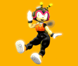 Size: 791x675 | Tagged: suggestive, artist:kabalmystic, charmy bee, 2017, 3d, animated, butt, femboy, gif, infinite loop, open smile, salute, simple background, smile, solo, spinning, yellow background