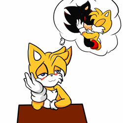 Size: 1024x1024 | Tagged: safe, artist:soul-yagami64, miles "tails" prower, shadow the hedgehog, 2020, :3, age difference, blushing, daydreaming, eyes closed, gay, head rest, kiss, lidded eyes, shadow x tails, shipping, simple background, smile, solo, table, thought bubble, white background