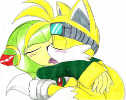 Size: 1024x815 | Tagged: safe, artist:eros-aristoteles-art, cosmo the seedrian, miles "tails" prower, 2016, blushing, deviantart watermark, duo, eyes closed, eyewear on head, goggles, goggles on head, holding each other, hugging, kiss, making out, obtrusive watermark, shipping, simple background, straight, tailsmo, tongue out, traditional media, watermark, white background