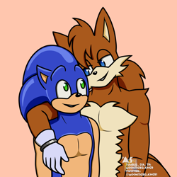Size: 2100x2100 | Tagged: safe, artist:moontigerange1, miles "tails" prower, sonic the hedgehog, adventures of sonic the hedgehog, 2025, aged up, arm around shoulders, duo, gay, looking at each other, older, shipping, side hug, signature, simple background, smile, smiling at each other, sonic x tails