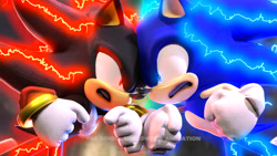 Size: 3840x2160 | Tagged: safe, artist:dawidgolaszewski, shadow the hedgehog, sonic the hedgehog, 2025, 3d, abstract background, clenched fists, clenched teeth, duo, electricity, fight, frown, glowing eyes, head to head, looking at each other, watermark