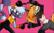 Size: 961x594 | Tagged: safe, artist:cakeb00, tangle the lemur, whisper the wolf, lemur, wolf, 2023, duo, duo female, eyes closed, female, looking at them, mouth open, open smile, pink background, pointing, simple background, smile, standing