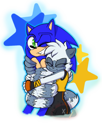 Size: 1333x1595 | Tagged: safe, artist:oliviatherabbit, sonic the hedgehog, tangle the lemur, 2021, duo, eyes closed, hugging, looking at viewer, not shipping, one eye closed, outline, simple background, smile, smiling at viewer, standing, star (symbol), tail hug, transparent background, wrapped in tail