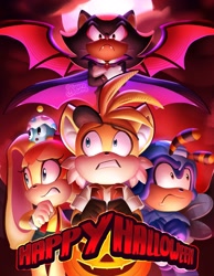 Size: 1593x2048 | Tagged: safe, artist:churro, charmy bee, cheese (chao), cream the rabbit, miles "tails" prower, shadow the hedgehog, bee, chao, fox, hedgehog, rabbit, cosplay, costume, group, halloween, halloween outfit, mega man, mega man (series), misty (pokémon), pirate outfit, pokemon, scared, vampire