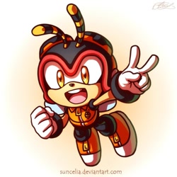 Size: 800x800 | Tagged: safe, artist:suncelia, charmy bee, bee, charmabetes, cute, flying, gradient background, looking at viewer, male, peace sign, v sign