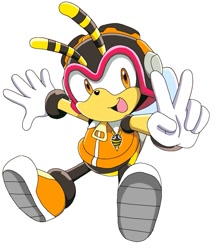 Size: 809x944 | Tagged: safe, charmy bee, bee, charmabetes, cute, flying, happy, looking at viewer, peace sign, simple background, solo, sonic x, treads, v sign, white background