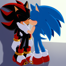 Size: 1024x1024 | Tagged: safe, ai art, artist:stable diffusion webui, shadow the hedgehog, sonic the hedgehog, blushing, duo, duo male, eyes closed, gay, hand on another's face, kiss, male, males only, prompter:dragonsoul2875, shadow x sonic, shipping, standing