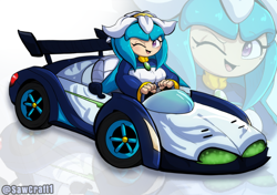 Size: 2400x1691 | Tagged: safe, artist:sawcraft1, galaxina the seedrian, seedrian, sonic x, abstract background, big breasts, breasts, busty galaxina, car, echo background, female, solo, sonic racing crossworlds, vehicle