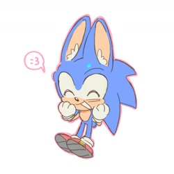 Size: 1563x1563 | Tagged: safe, artist:pw1wi, sonic the hedgehog, rabbit, 2025, :3, cute, ear fluff, eyes closed, grey background, hand on face, mouth open, open smile, simple background, smile, solo, sonabetes, species swap, standing