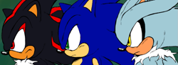 Size: 663x241 | Tagged: safe, artist:kenny__kun, shadow the hedgehog, silver the hedgehog, sonic the hedgehog, hedgehog, 2025, flat colors, frown, green background, looking offscreen, side view, simple background, trio