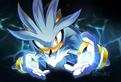 Size: 2048x1394 | Tagged: safe, artist:yeboiicj, silver the hedgehog, hedgehog, 2025, abstract background, glowing, looking at viewer, no mouth, signature, solo