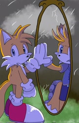 Size: 1316x2048 | Tagged: safe, artist:basilo_tyrannus, miles "tails" prower, nine, fox, sonic prime, 2025, abstract background, clenched fist, clenched teeth, clouds, duo, grass, lightning, looking at viewer, mirror, no mouth, outdoors, rain, reflection, self paradox, standing, two sides
