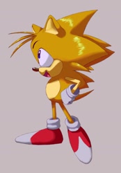 Size: 1220x1752 | Tagged: safe, artist:gogglecannon, miles "tails" prower, oc, oc:quills the hedgehog, hedgehog, 2022, alternate universe, cute, grey background, hands on hips, looking offscreen, mouth open, ocbetes, open smile, simple background, smile, solo, species swap, standing, tailabetes