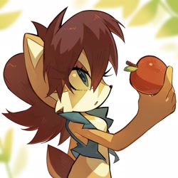 Size: 2048x2048 | Tagged: safe, artist:candleyy, sally acorn, 2025, abstract background, apple, eye clipping through hair, food, fruit, looking at something, mouth open, solo, standing