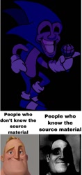 Size: 640x1357 | Tagged: safe, sonic the hedgehog, sonic cd, crossover, english text, friday night funkin, fun is infinite, meme, microphone, mr. incredible, text, the incredibles, those who know vs those who don't know